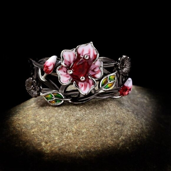 Jewelry ring band flower floral pink red stone black fashion beautiful new - Picture 2 of 5